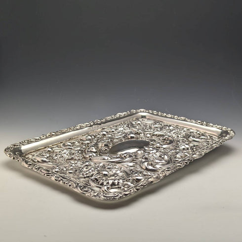 1902年 英国アンティーク 純銀 レリーフ彫刻 ドレッシングテーブルトレイ 306g